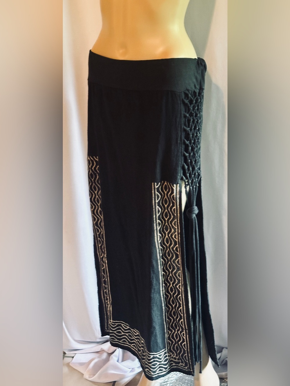 Black Boho Maxi Skirt with Macramé Side Detail Double Slit